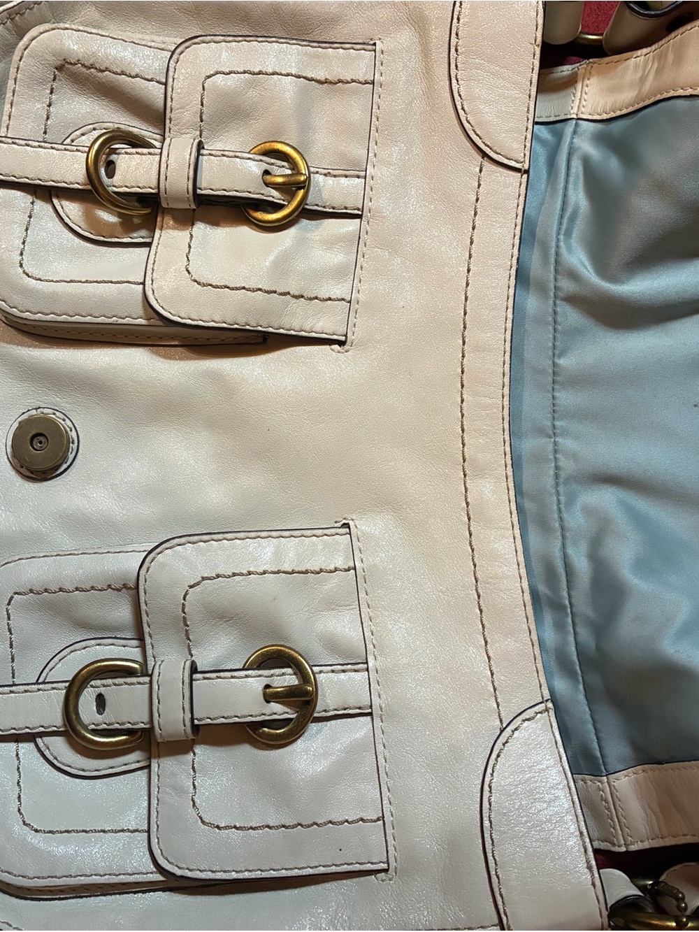 White Coach Leather baby blue satin inside w/ Buckle-Front Shoulder Bag - Picture 10 of 13